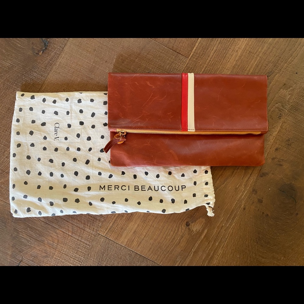 Clare V.  Stripe Foldover Brown White Red Leather Clutch